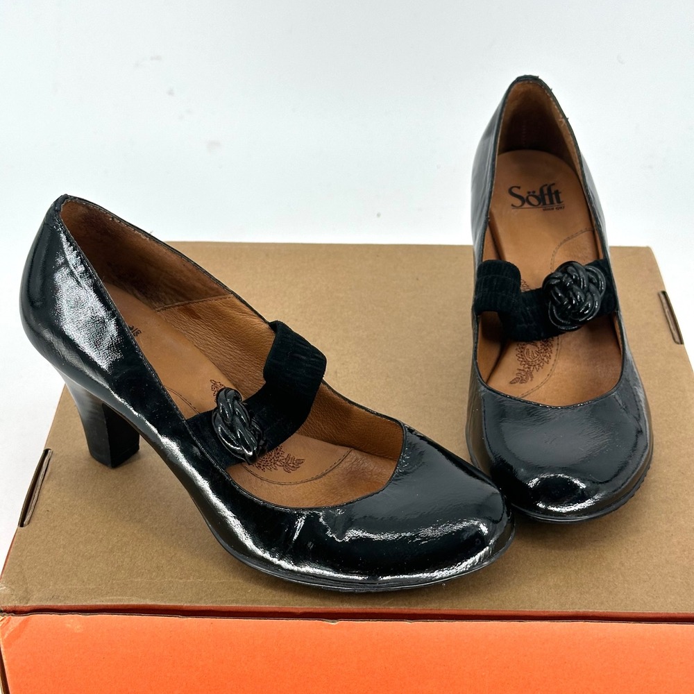 Sofft Black Patent Leather Mary Jane Floral Pump Almond Closed Toe Heel Comfy 8
